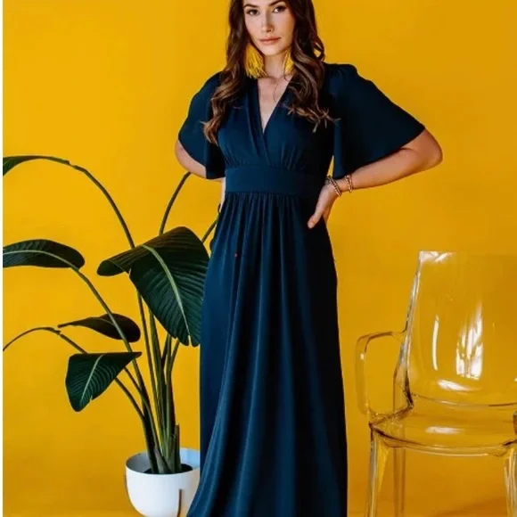 chinese dress ladies Teal Deep V-Neck Long Sleeve Maxi Dress – Aquarius Brand main image 0